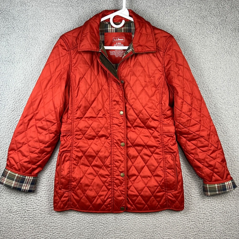LL Bean Womens Quilted Riding Jacket Orange Plaid Lining Corduroy Trim S 284359